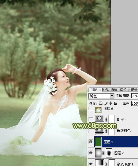 Photoshop将外景婚片调成淡淡的黄绿甜美色