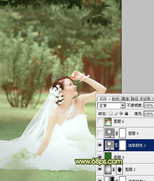 Photoshop将外景婚片调成淡淡的黄绿甜美色