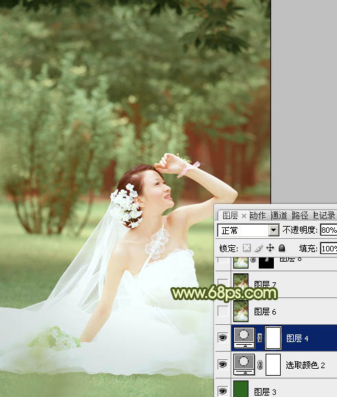 Photoshop将外景婚片调成淡淡的黄绿甜美色