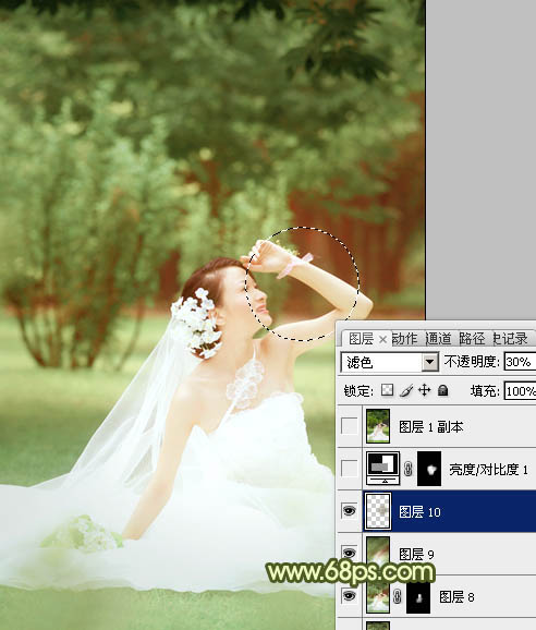 Photoshop将外景婚片调成淡淡的黄绿甜美色