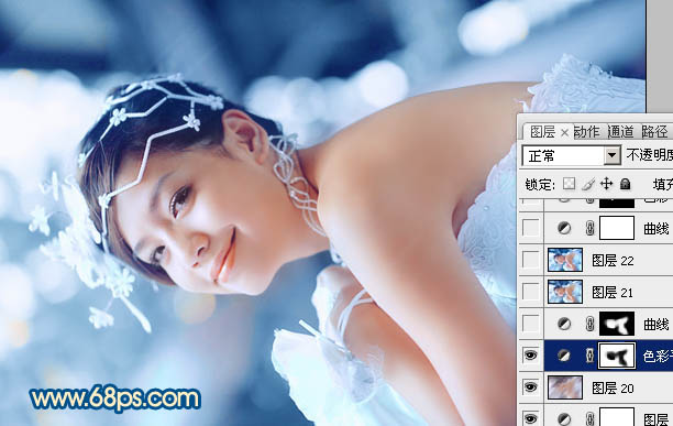 Photoshop下将偏暗外景婚片调成甜美的蓝红色