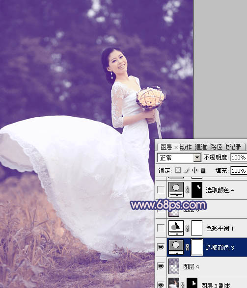 Photoshop将外景婚片打造成梦幻的暗调紫红色