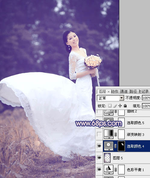 Photoshop将外景婚片打造成梦幻的暗调紫红色