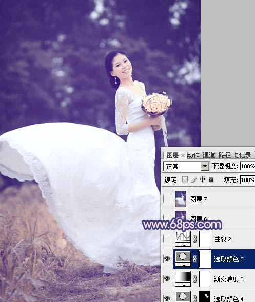 Photoshop将外景婚片打造成梦幻的暗调紫红色