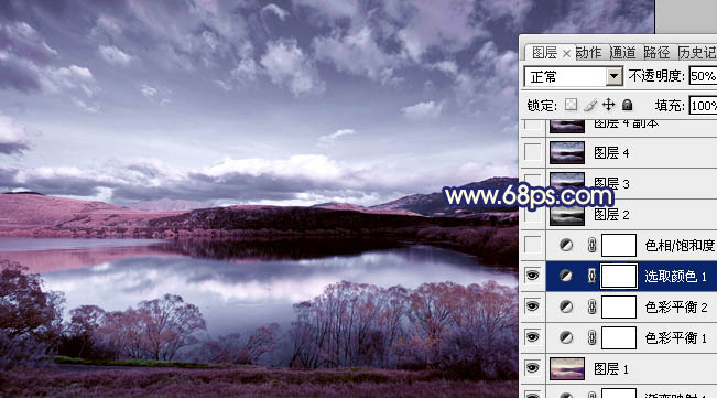 Photoshop将风景图片调成暗调蓝红色