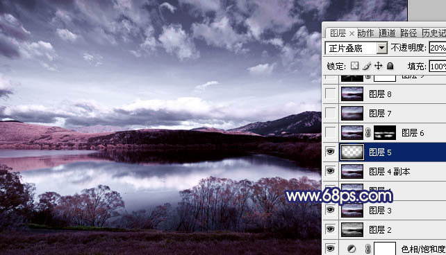 Photoshop将风景图片调成暗调蓝红色