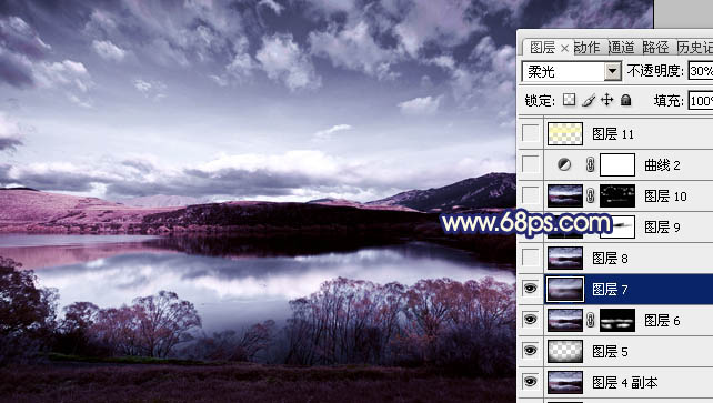 Photoshop将风景图片调成暗调蓝红色