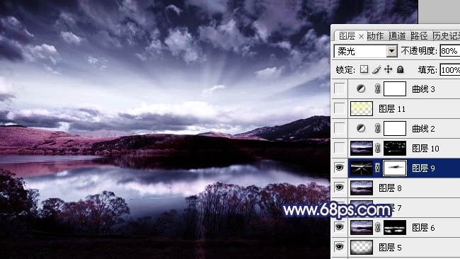 Photoshop将风景图片调成暗调蓝红色