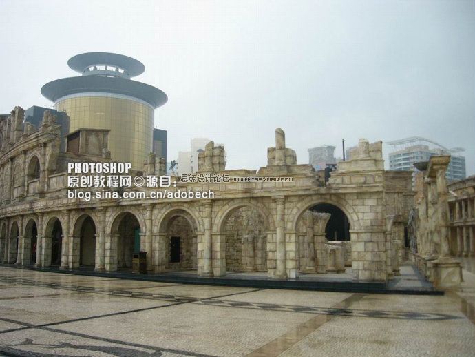 Photoshop将建筑图片调成古典淡黄色