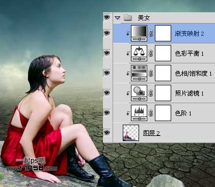 photoshop抽象合成干枯沙丘上的独思女孩