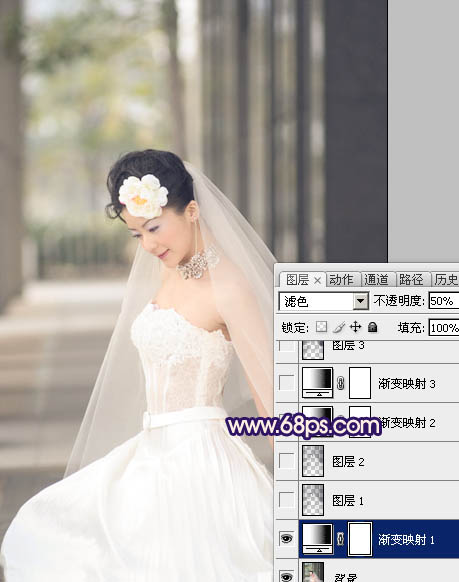 Photoshop制作古典暗蓝色外景美女婚片