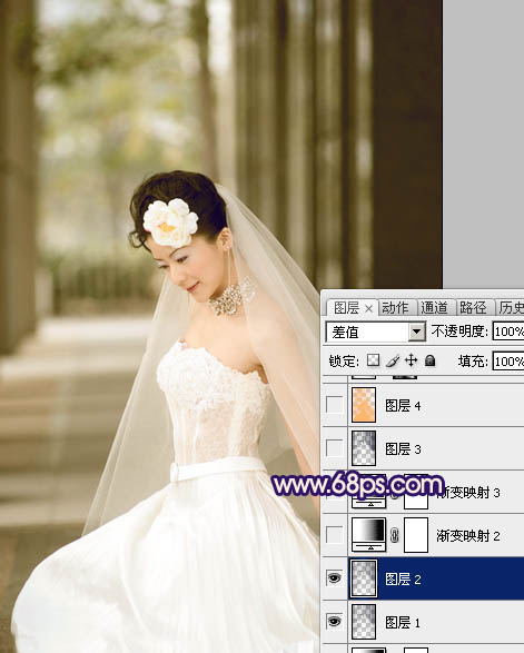 Photoshop制作古典暗蓝色外景美女婚片