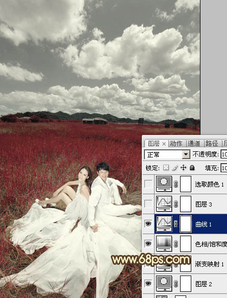 Photoshop制作暗红色草原婚片