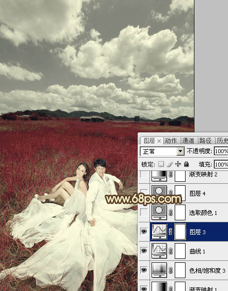 Photoshop制作暗红色草原婚片