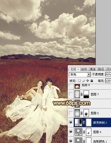 Photoshop制作暗红色草原婚片