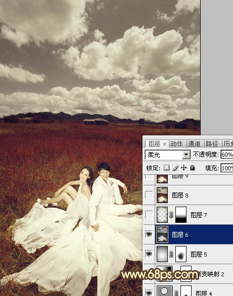 Photoshop制作暗红色草原婚片