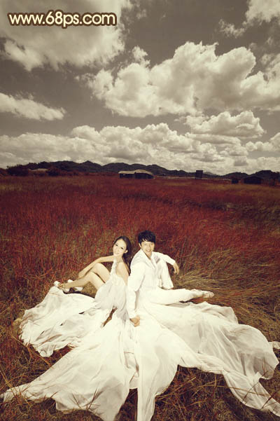 Photoshop制作暗红色草原婚片
