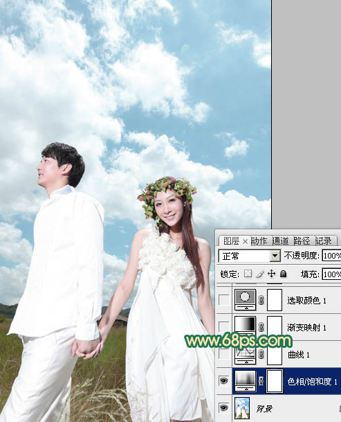 Photoshop将草原婚片调成甜美的淡黄色