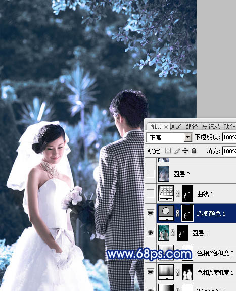 Photoshop将树林婚片调成梦幻的纯蓝色