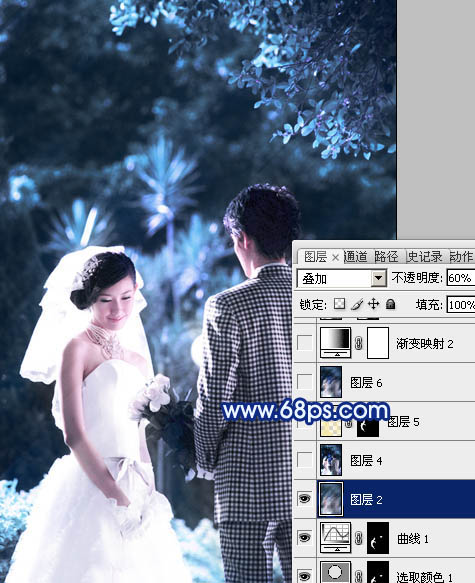 Photoshop将树林婚片调成梦幻的纯蓝色