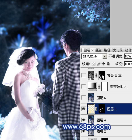 Photoshop将树林婚片调成梦幻的纯蓝色