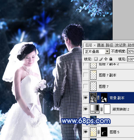 Photoshop将树林婚片调成梦幻的纯蓝色