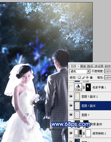 Photoshop将树林婚片调成梦幻的纯蓝色