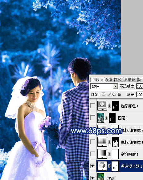 Photoshop将树林婚片调成梦幻的纯蓝色