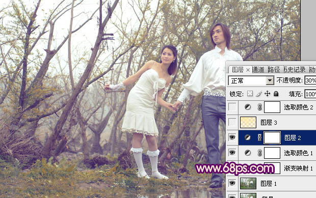 Photoshop将树林人物图片调成淡淡的橙色调
