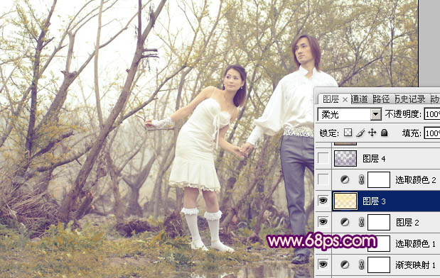 Photoshop将树林人物图片调成淡淡的橙色调