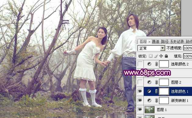 Photoshop将树林人物图片调成淡淡的橙色调