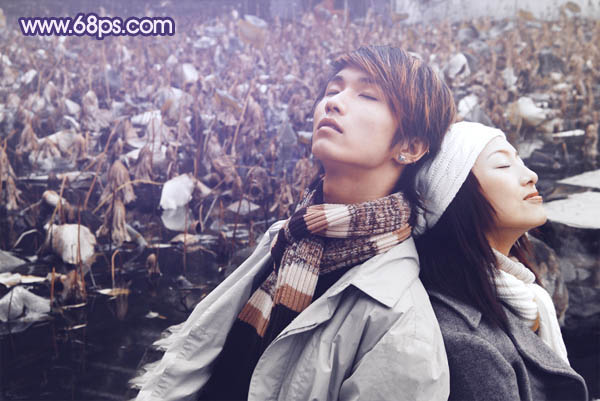 Photoshop将外景情侣图片调成柔美的蓝灰色