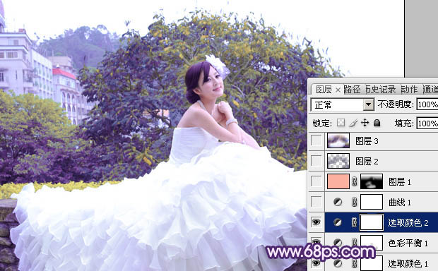 Photoshop将女孩婚片调成甜美的紫绿色