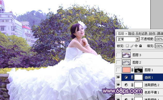 Photoshop将女孩婚片调成甜美的紫绿色