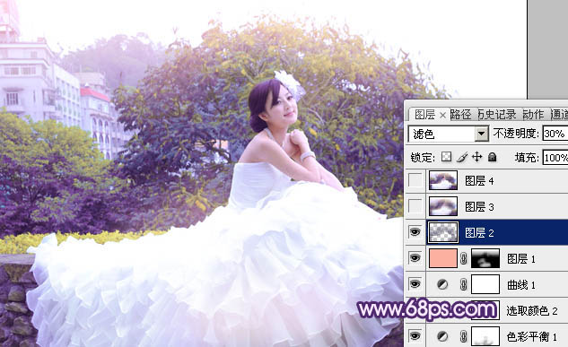 Photoshop将女孩婚片调成甜美的紫绿色