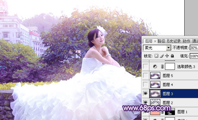 Photoshop将女孩婚片调成甜美的紫绿色