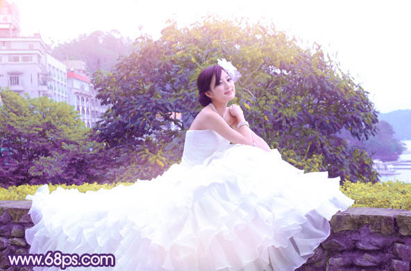 Photoshop将女孩婚片调成甜美的紫绿色