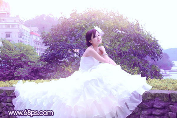 Photoshop将女孩婚片调成甜美的紫绿色