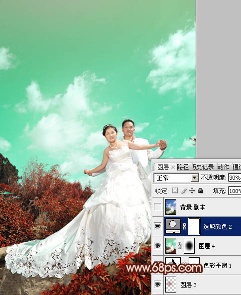 Photoshop将外景婚片跳出清爽的青红色