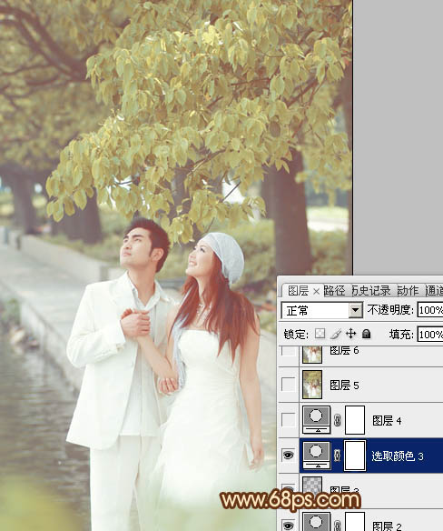 Photoshop将树林婚片调成甜美的黄褐色