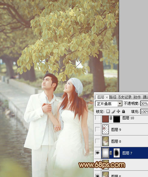Photoshop将树林婚片调成甜美的黄褐色