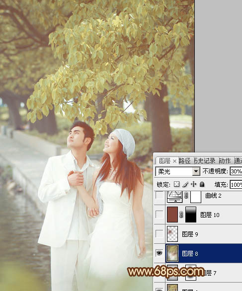 Photoshop将树林婚片调成甜美的黄褐色