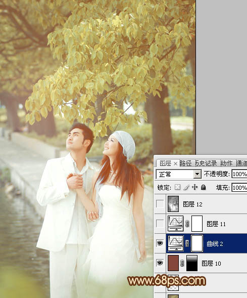 Photoshop将树林婚片调成甜美的黄褐色