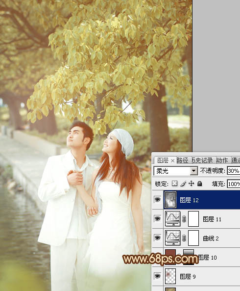 Photoshop将树林婚片调成甜美的黄褐色