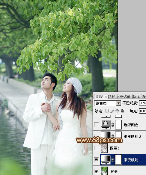 Photoshop将树林婚片调成甜美的黄褐色
