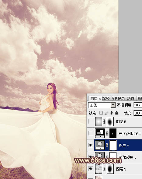 Photoshop将外景婚片调成甜美的粉褐色