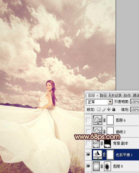 Photoshop将外景婚片调成甜美的粉褐色