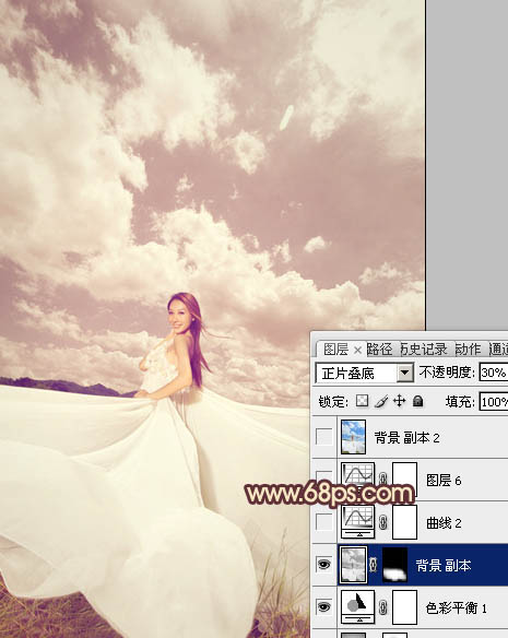 Photoshop将外景婚片调成甜美的粉褐色