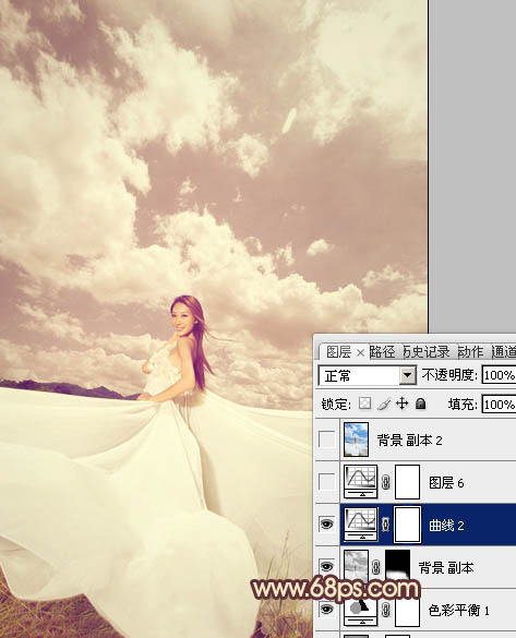 Photoshop将外景婚片调成甜美的粉褐色
