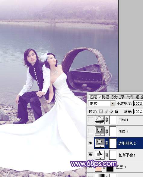 Photoshop将江景婚片调成纯美的蓝紫色